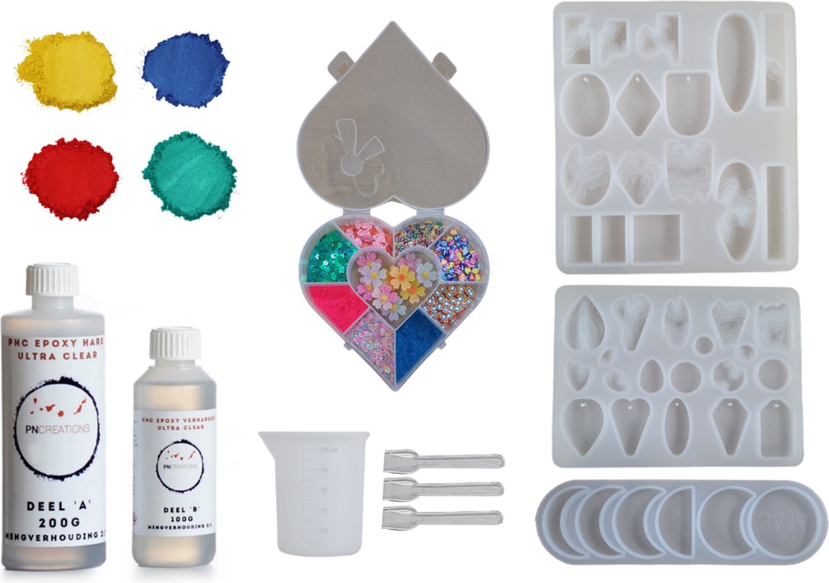 PNCreations Epoxy Combo Pack | Ultra Clear Epoxy | 4 Mica Pigmentkleuren | 3 Siliconen Mallen | Herbruikbare Mengbeker